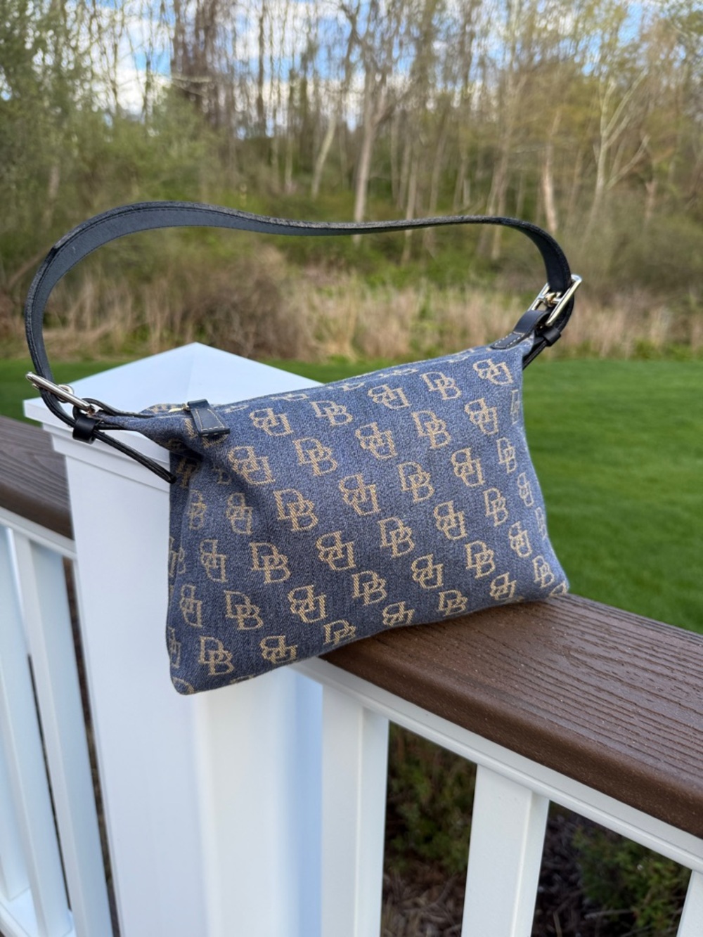 Dooney and Bourke Monogram Shoulder Bag in Denim Blue with Buckle Strapa